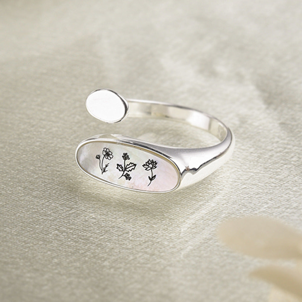 Personalized White Shell Carved Birthflower Ring, Open Ring, Birth Flower Jewelry KZ047