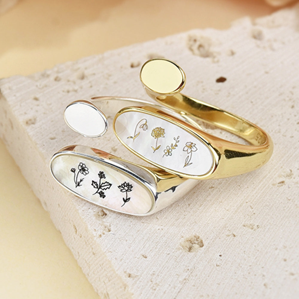 Personalized White Shell Carved Birthflower Ring, Open Ring, Birth Flower Jewelry KZ047