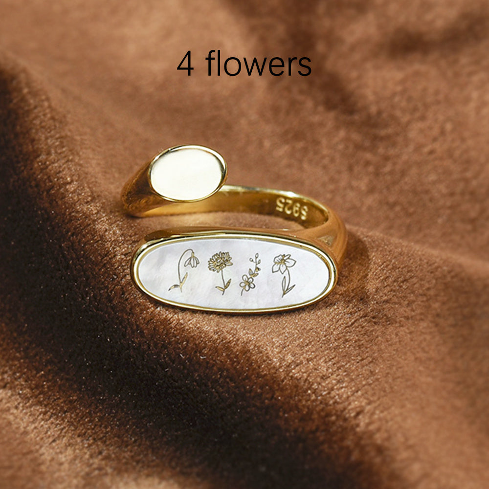 Personalized White Shell Carved Birthflower Ring, Open Ring, Birth Flower Jewelry KZ047