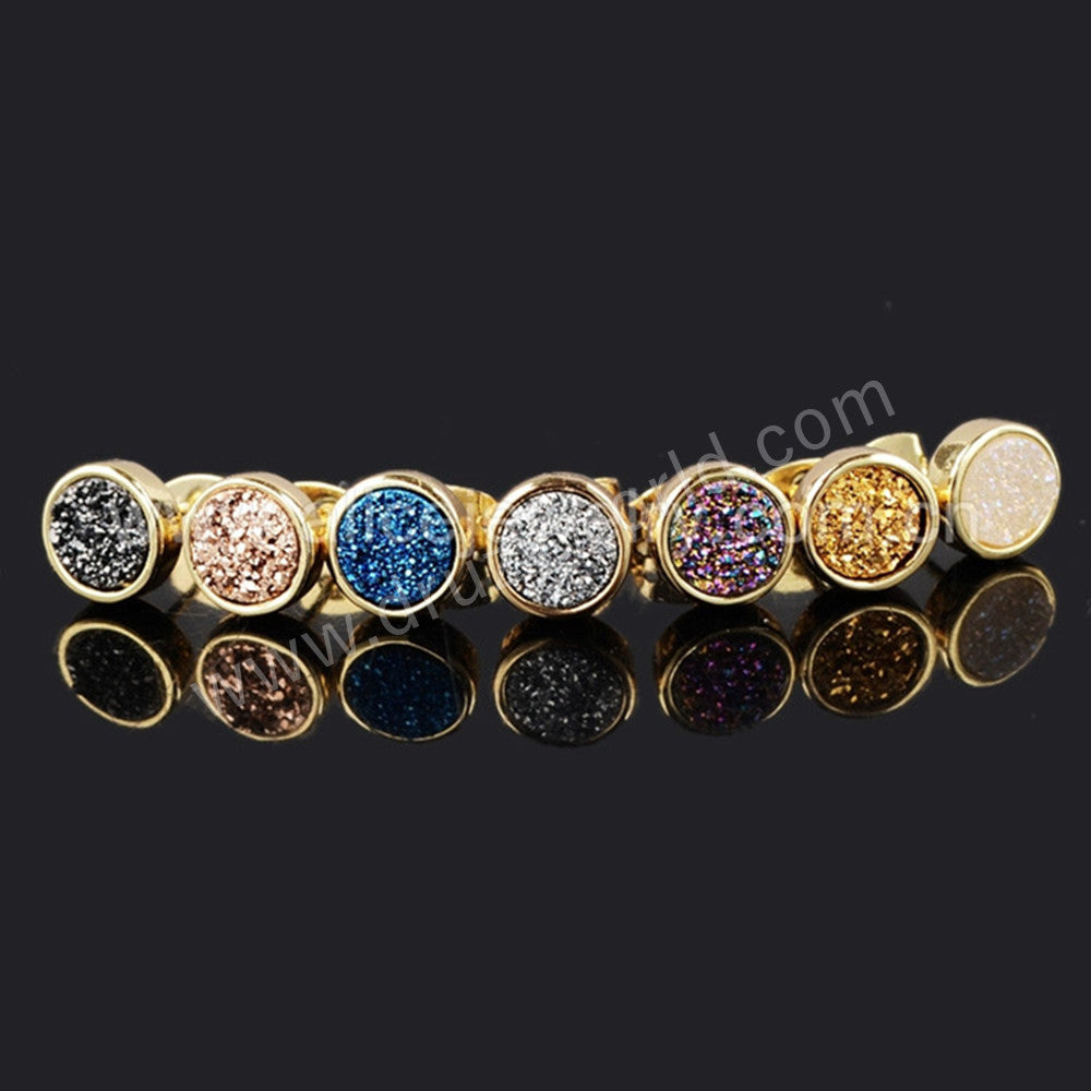 Round 8mm Gold Plated Bezel Natural Agate Titanium Druzy Stud Earrings, Drusy Jewelry ZG0198