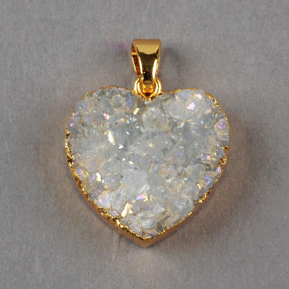 Gold Plated Natural Agate Titanium AB White Druzy Geode Heart Pendant Bead G0389