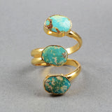 Gold Plated Three Turquoise Ring, Adjustable, Genuine Turquoise Gemstone Jewelry Ring G0280