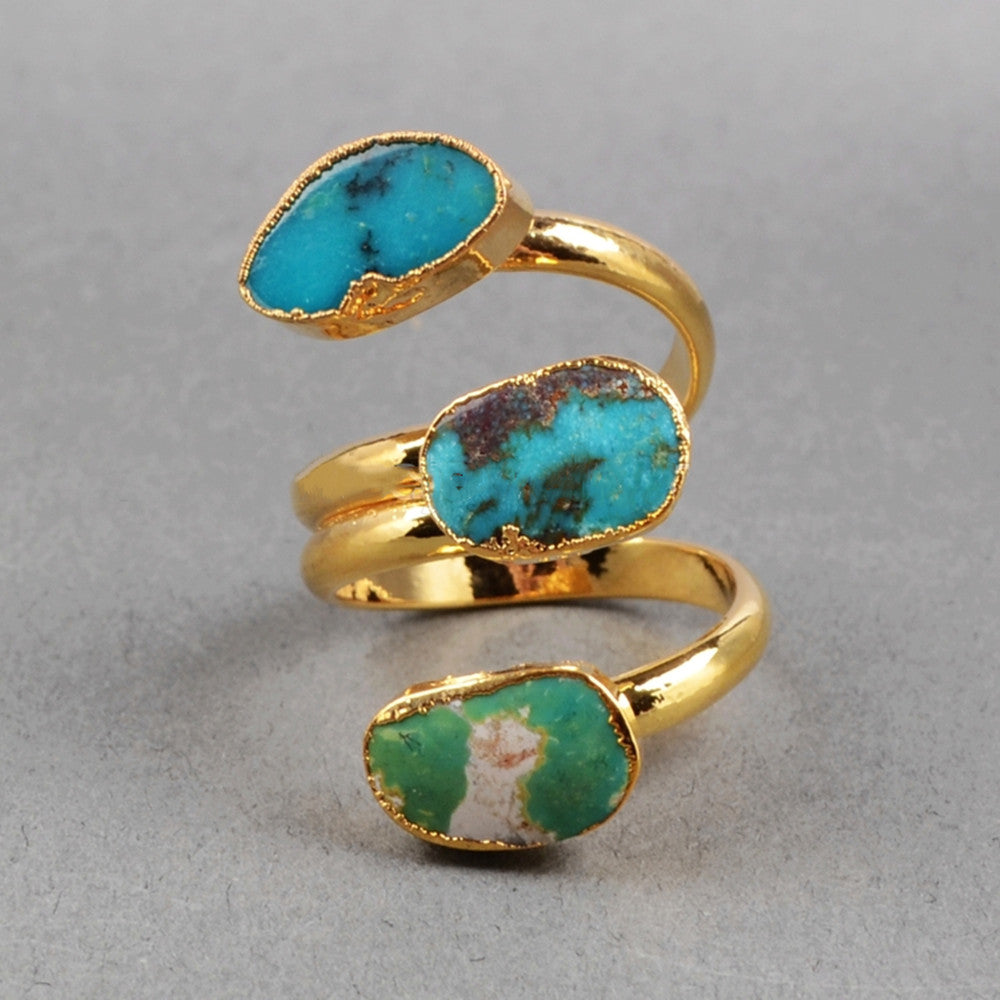 Gold Plated Three Turquoise Ring, Adjustable, Genuine Turquoise Gemstone Jewelry Ring G0280