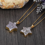 16" Natural Colors Agate Druzy Star Pendant Necklace, Gold Plated Raw Crystals Jewelry G2023-N