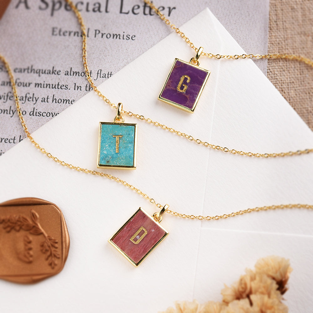 Gold Plated Bezel Rectangle Rainbow Gemstone Letter Pendant, Crystal Letter Charm, DIY Jewelry Craft KZ014