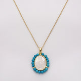 16" Virgin Mary Carved Pendant Necklace, Oval Mother of Pearl With Blue Howlite Turquose Beads, Religious Jewelry WX2171-N