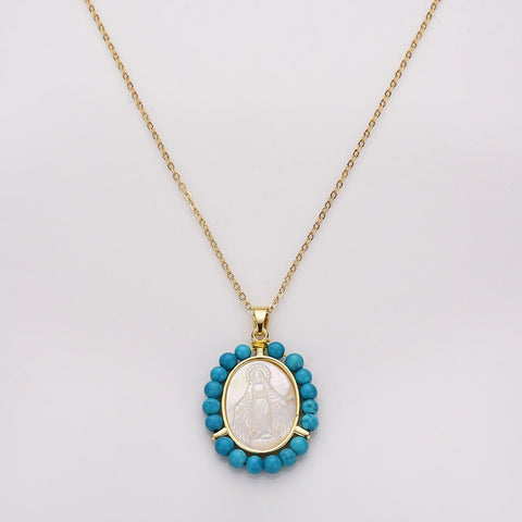 16" Virgin Mary Carved Pendant Necklace, Oval Mother of Pearl With Blue Howlite Turquose Beads, Religious Jewelry WX2171-N