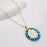 16" Virgin Mary Carved Pendant Necklace, Oval Mother of Pearl With Blue Howlite Turquose Beads, Religious Jewelry WX2171-N
