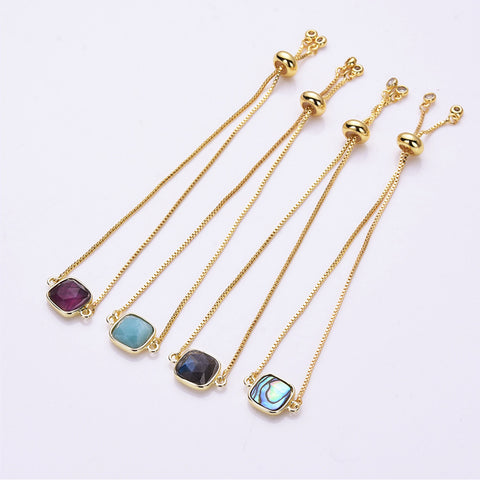 Square Natural Stone Gold Bezel Connector Bracelet, Boho Gemstone Jewelry WX987