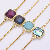 Square Natural Stone Gold Bezel Connector Bracelet, Boho Gemstone Jewelry WX987