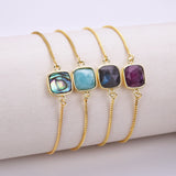 Square Natural Stone Gold Bezel Connector Bracelet, Boho Gemstone Jewelry WX987