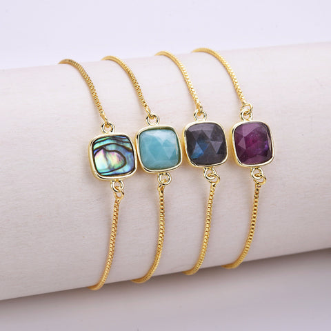 Square Natural Stone Gold Bezel Connector Bracelet, Boho Gemstone Jewelry WX987