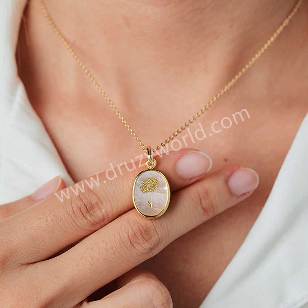 16" Gold Bezel Oval White Shell Birth Flower Necklace, Month Flower Gift Jewelry KZ027-N