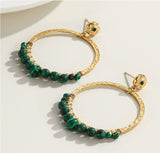 Big Gold Plated Malachite Beads Dangle Earrings, Circle Ring, Gemstone Stud Earrings, Boho Jewelry AL638