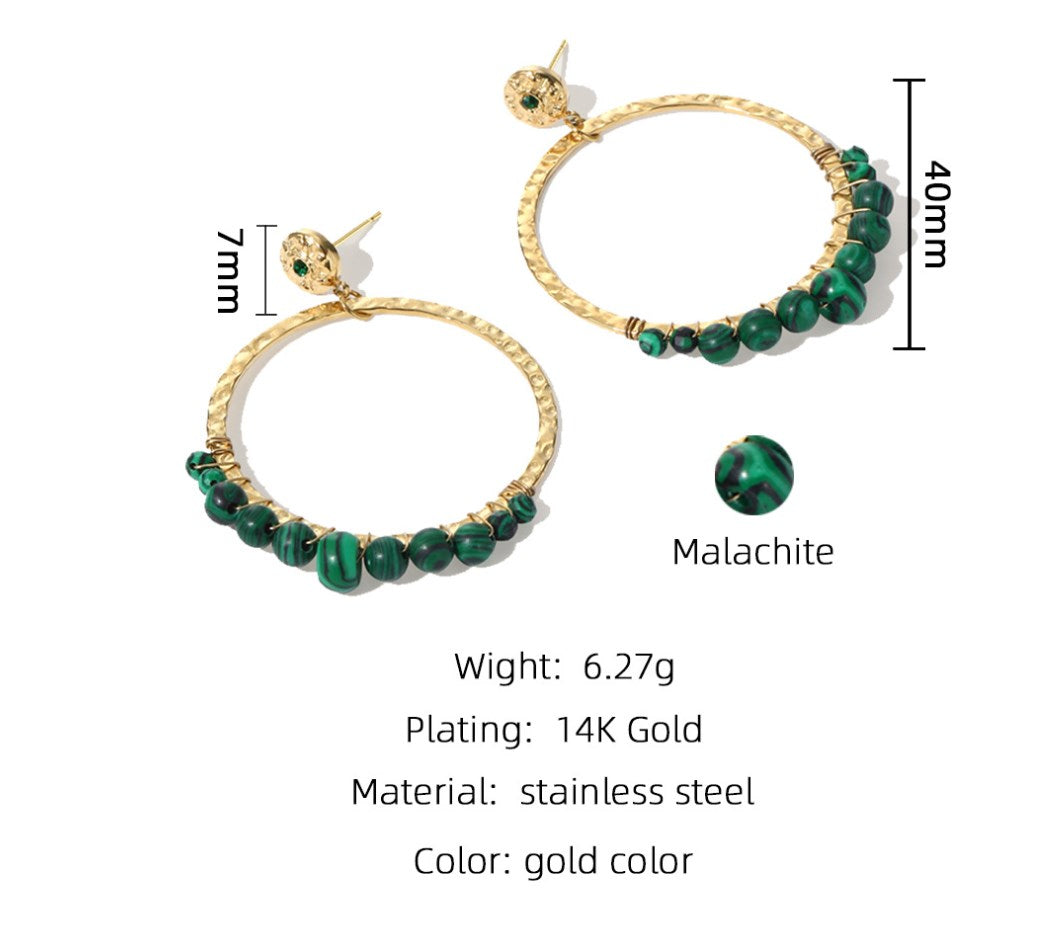 Instagram star in Europe and the United States Natural stone exaggerated titanium steel earrings do not fade high-grade sense malachite niche light luxury ear accessories