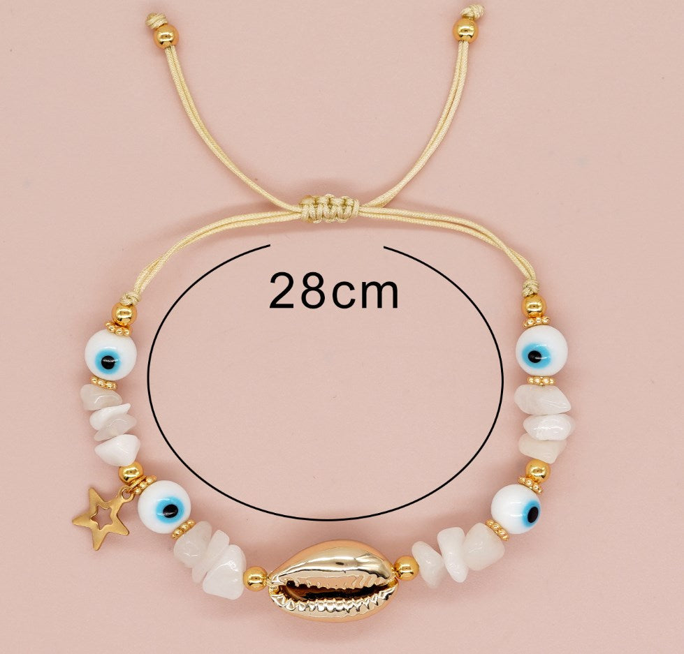 Gold Cowrie Shell Bracelet, Glass Eyes & White Jade Chips Beads, Boho Jewelry Handmade AL652