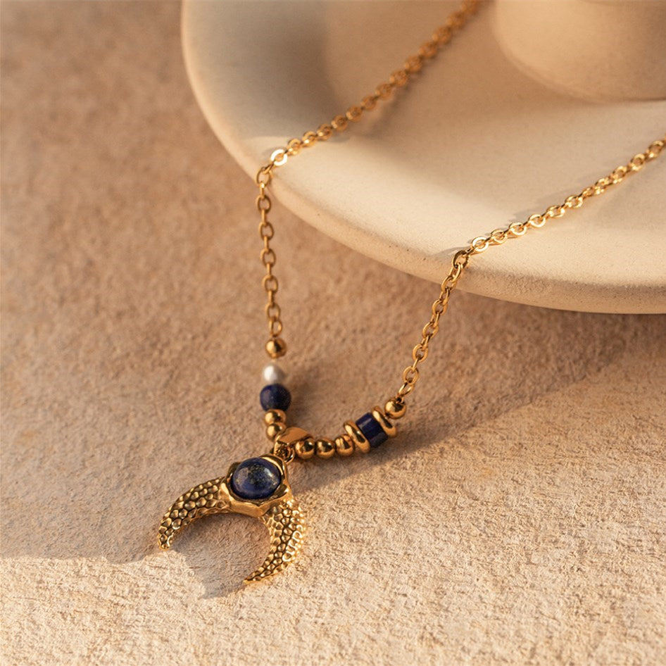 18K Gold Titanium Steel Pearl & Lapis Lazuli Hammered Horn Pendant Necklace, Boho Jewelry AL633