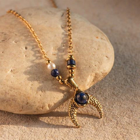 Tribe Lapis Lazuli Gold Horn Pendant Necklace, Gold Titanium Steel, Boho Jewelry AL663