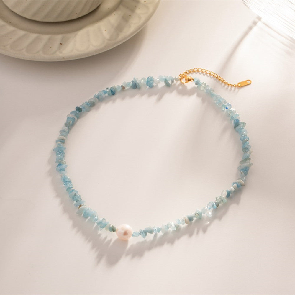 Raw Aquamarine Chips Pearl Beaded Necklace, Handmade Boho Summer Jewelry AL682, gemstone bead jewelry