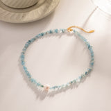 Raw Aquamarine Chips Pearl Beaded Necklace, Handmade Boho Summer Jewelry AL682