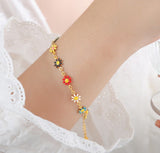 Rainbow Daisy Flower Bracelet/Necklace, Dopamine Oil Drip, 18k Gold Titanium Steel, Summer Jewelry AL687