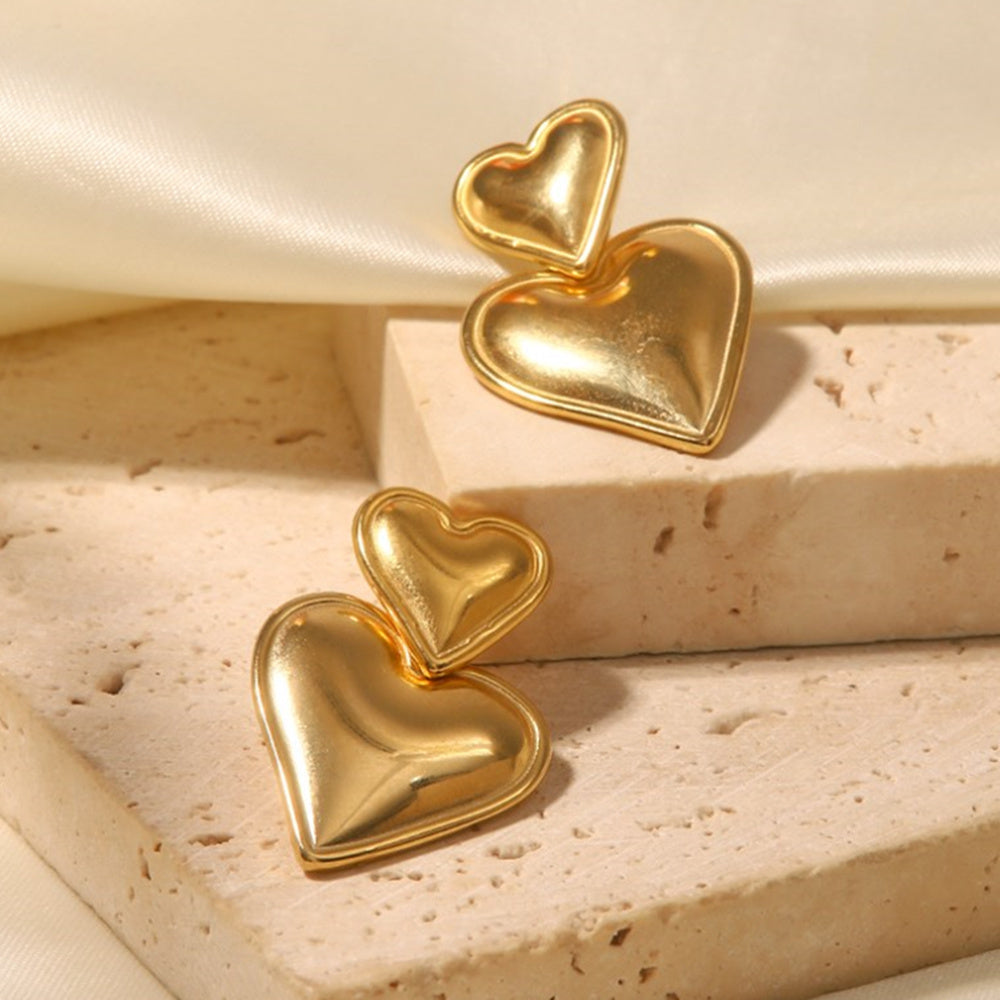 Polish Gold/Silver Double Heart Dangel Earrings, Titanium Steel Earrings, Love Fashion Jewelry AL692