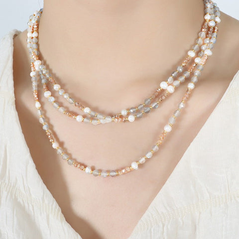 Bohemian Nnatural Stone Freshwater Pearl Beaded Necklace, Handmade Boho Jewelry AL696