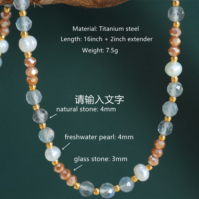 Bohemian Nnatural Stone Freshwater Pearl Beaded Necklace, Handmade Boho Jewelry AL696