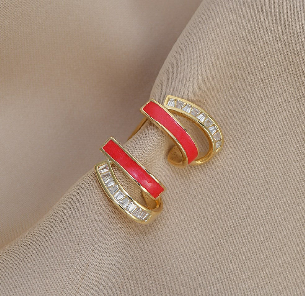 Double Layers Oil Drip CZ Stud Earrings, S925 Sterling Post, Fashion Summer Jewelry  AL703