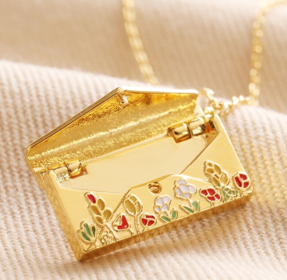 Gold Flower Envelope Box Photo Locket Necklace, Open Picture Frames, Fashion Jewelry  AL720