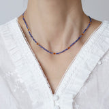 Skinny Natural Sky Blue Sodalite Stone Faceted Beads Necklace, Titanium Steel in 18k Gold Plated, Boho Jewelry AL722