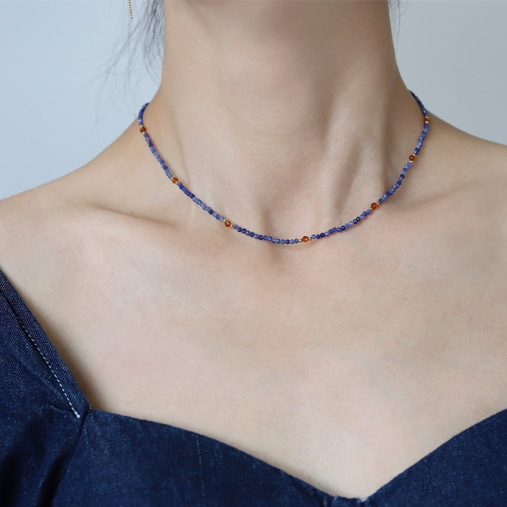 Skinny Natural Sky Blue Sodalite Stone Faceted Beads Necklace, Titanium Steel in 18k Gold Plated, Boho Jewelry AL722 