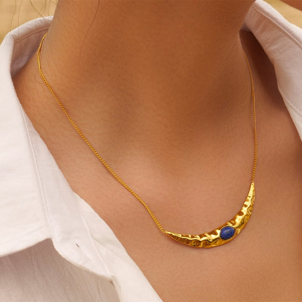 Harmmed Gold Crescent Moon Lapis Lazuli Necklace, Titanium Steel, Boho Jewelry AL725