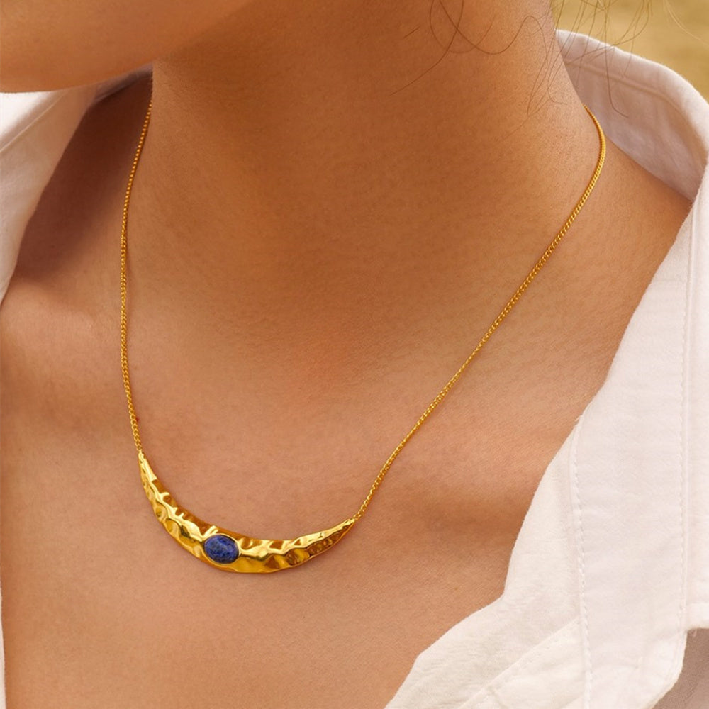 Harmmed Gold Crescent Moon Lapis Lazuli Necklace, Titanium Steel, Boho Jewelry AL725