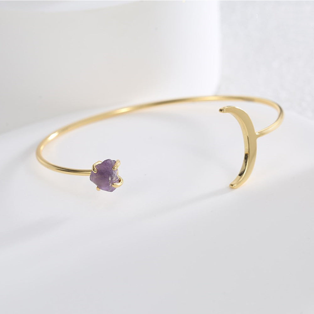 Gold Plated Star Moon Bracelet, Raw Amethyst Cuff, Adjustable Open Bracelet, Fashion Gemstone Jewelry AL727