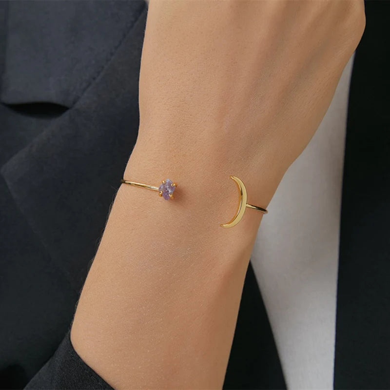 Gold Plated Raw Birthstone Star Moon Open Bracelet, Adjustable Gemstone Cuff, Fashion Jewelry AL727