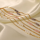 16” Gold Gemstones Pearl Beads Rosary Chain Necklace, 18k Gold Titanium Stainless Steel Jewelry AL740