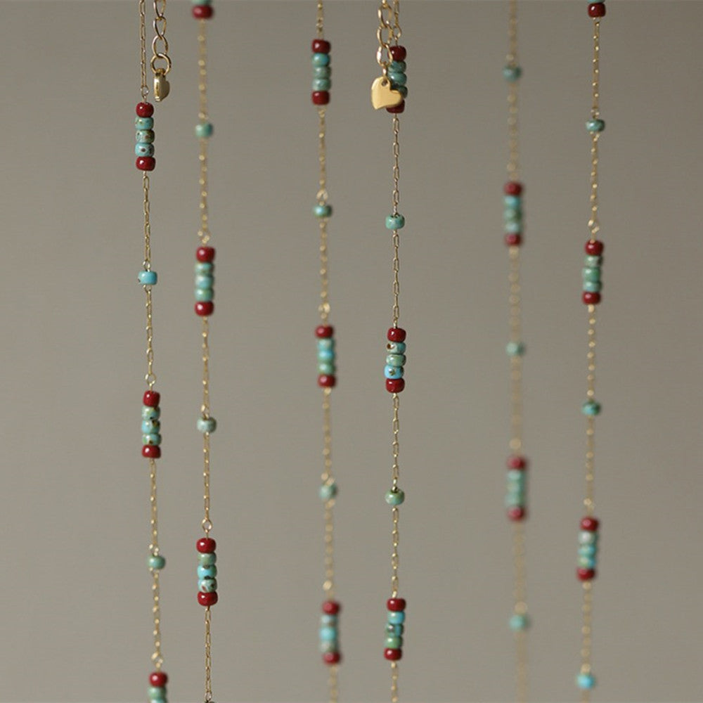 Bohemian Skinny Vintage Turquoise Color 3mm Miyuki Beads Necklace, Gold Titanium Steel, Boho Jewelry AL744