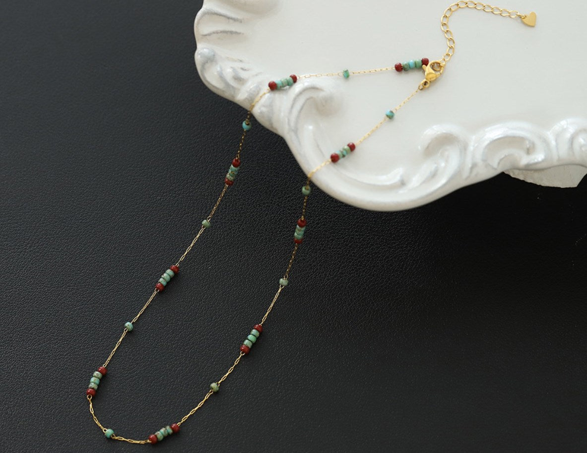 Bohemian Skinny Vintage Turquoise Color 3mm Miyuki Beads Necklace, Gold Titanium Steel, Boho Jewelry AL744