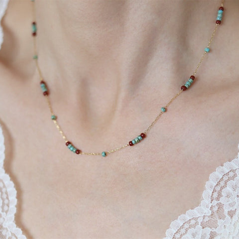 Bohemian Skinny Vintage Turquoise Color 3mm Miyuki Beads Necklace, Gold Titanium Steel, Boho Jewelry AL744