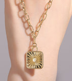 18” Gold Plated Brass Square Sun Light White Opal Pendant Necklace, Opal Fashion Jewelry AL755