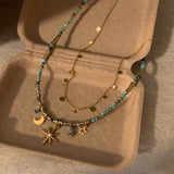 Bohemia Gold Sequin Coin African Turquoise Natural Stones Hematite Beads Sun Star Moon Necklace AL770