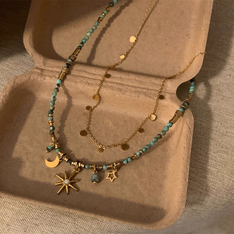 Bohemia Gold Sequin Coin African Turquoise Natural Stones Hematite Beads Sun Star Moon Necklace AL770