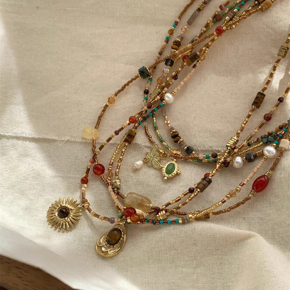 Bohemian Tiger's Eye Natural Stones & Miyuki Beaded Choker Necklace, Handmade Boho Winter Maillard Jewelry AL799