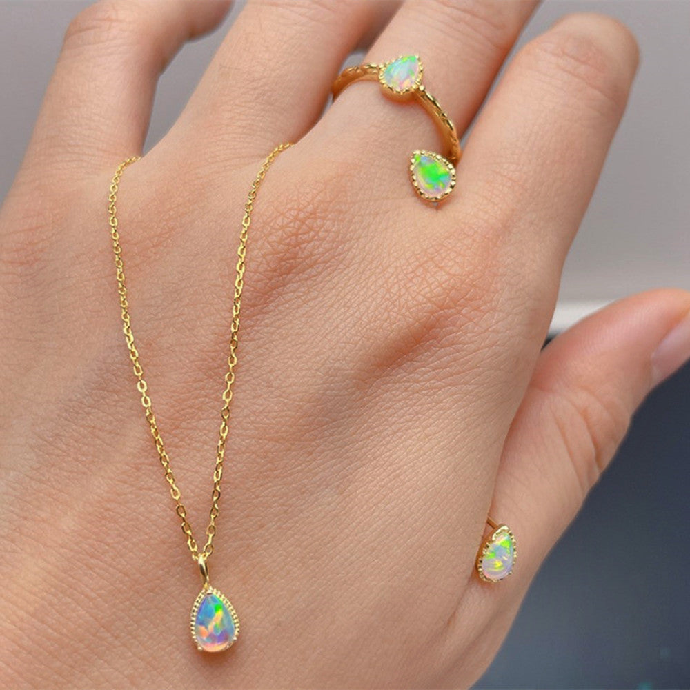Gold Plated Bezel Drop Opal Ring, Teardrop Opal Stud Earrings, Opal Necklace Jewelry AL803