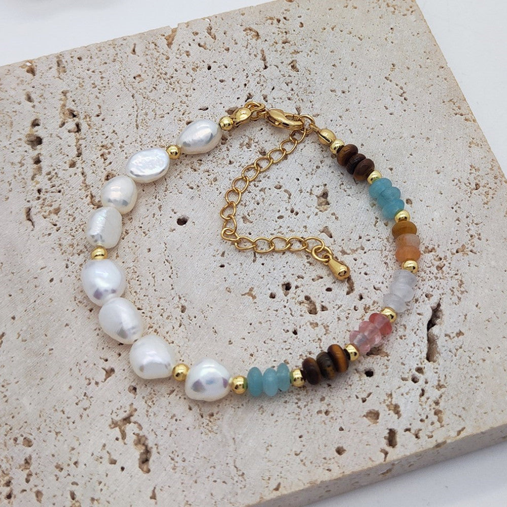 Half Baroque Freshwater Pearl Half Rainbow Natural Stone Amazonite Cherry Quartz Tiger's Eye Beaded Necklace Titanium Steel AL814