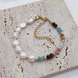 Bohemian Rainbow Natural Stone & Baroque Natural Pearl Beaded Necklace/Bracelet, Titanium Steel Boho Jewelry AL814