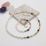 Bohemian Rainbow Natural Stone & Baroque Natural Pearl Beaded Necklace/Bracelet, Titanium Steel Boho Jewelry AL814