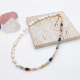 Bohemian Rainbow Natural Stone & Baroque Natural Pearl Beaded Necklace/Bracelet, Titanium Steel Boho Jewelry AL814