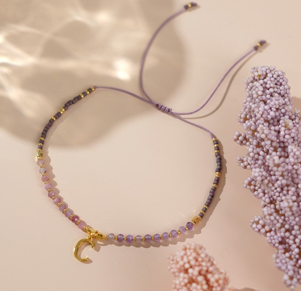 Bohemian Letter Amethyst Skinny Natural Stones & Miyuki Beads Bracelet, Handmade Boho Summer Jewelry AL824